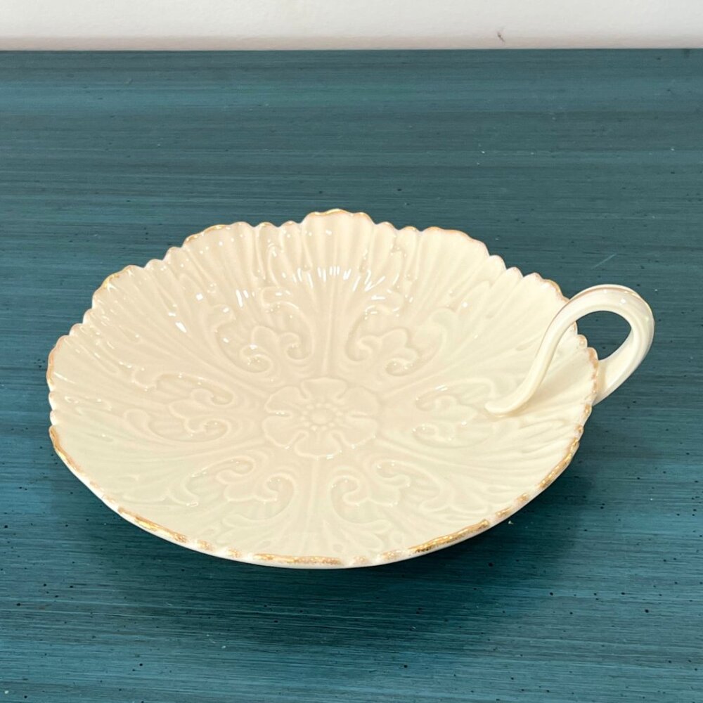 Vintage Lenox Ivory Fine Porcelain Nappy Dish Floral Leaf Pattern Handle Dish